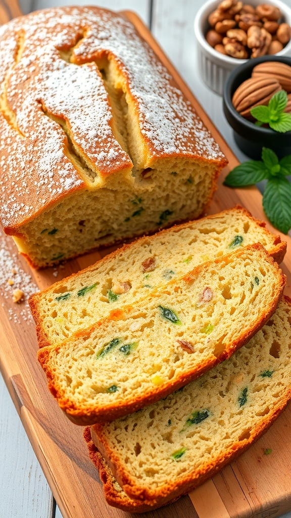 Moist Zucchini Bread Recipe A loaf of zucchini bread sliced to show its moist texture, with walnuts and mint in the background.